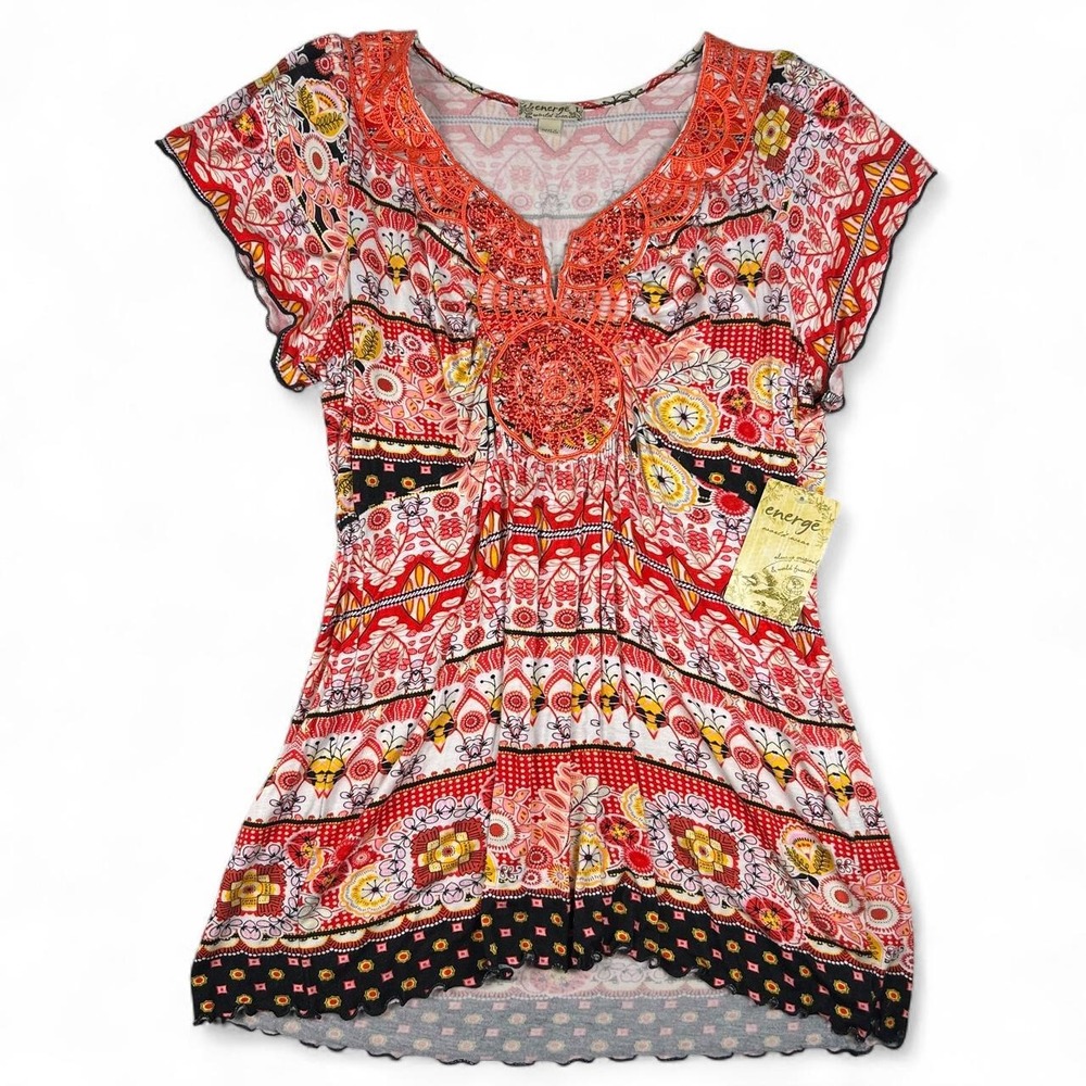Energe World Wear Floral Boho Tunic Top L Y2K Embellished Hippie
